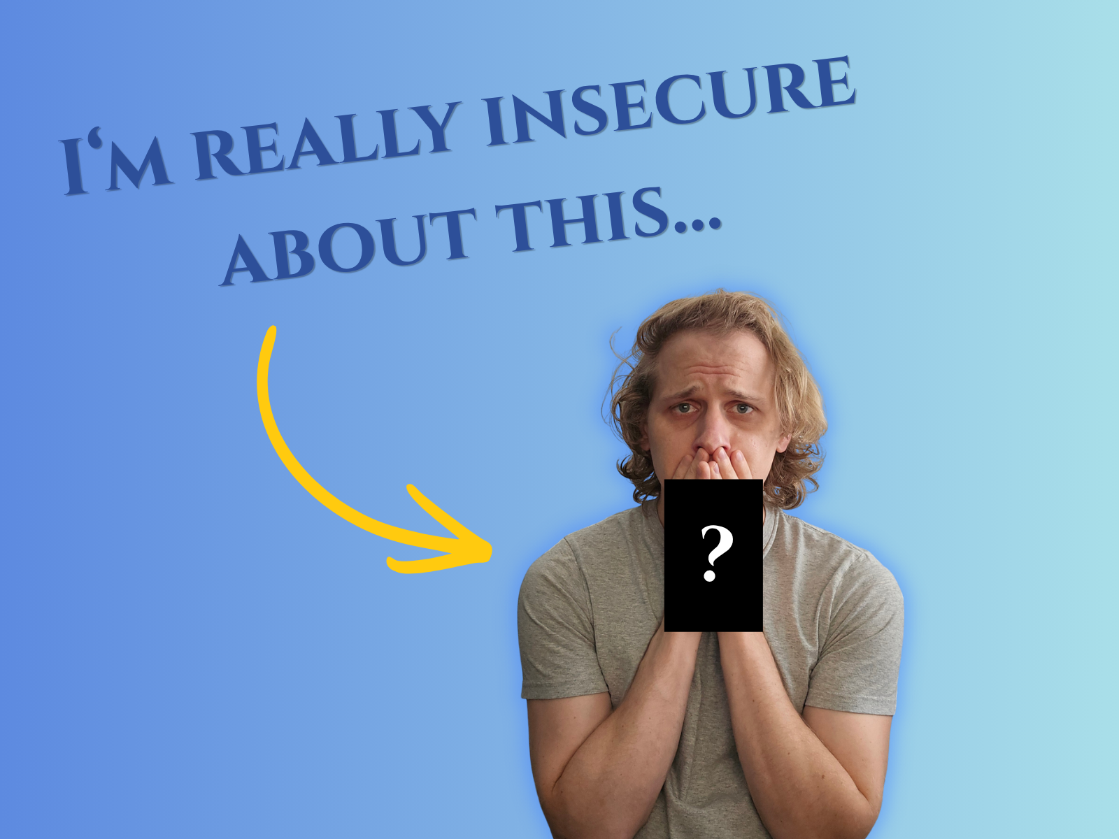 I&rsquo;m really insecure about this..., over Robert Biehn covering his mouth behind a mystery question mark card, for The First Stone newsletter.