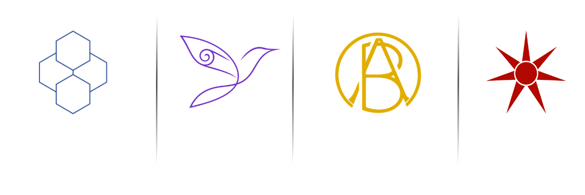 The four factions of The First Stone with their slogans: Grafter Corps, The Eyrie, Bellevar Academy, and the Dark Star