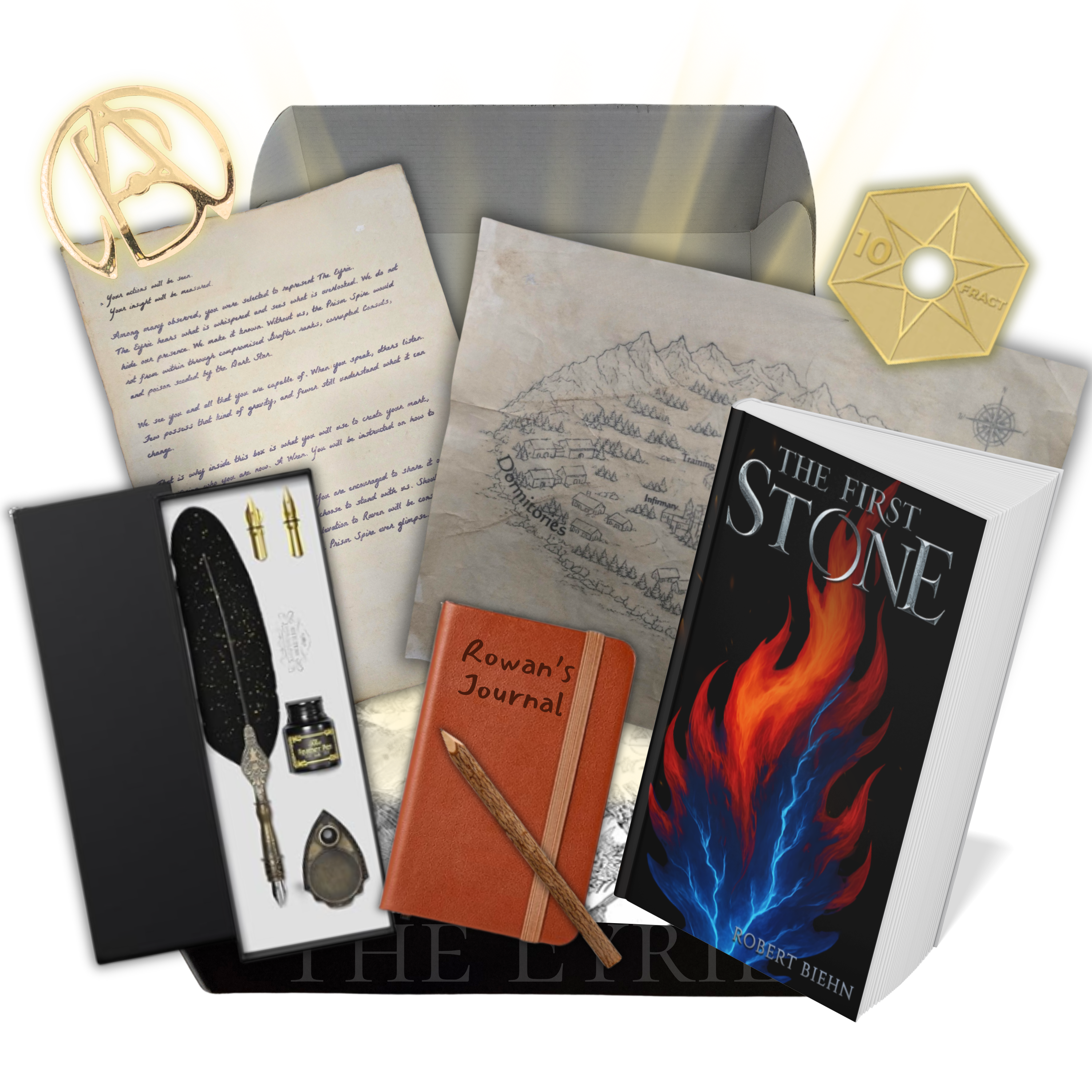 The Faction Collector's Box: a signed first edition of The First Stone, a journal, a quill set, a map, a sealed letter, a faction emblem and coin.